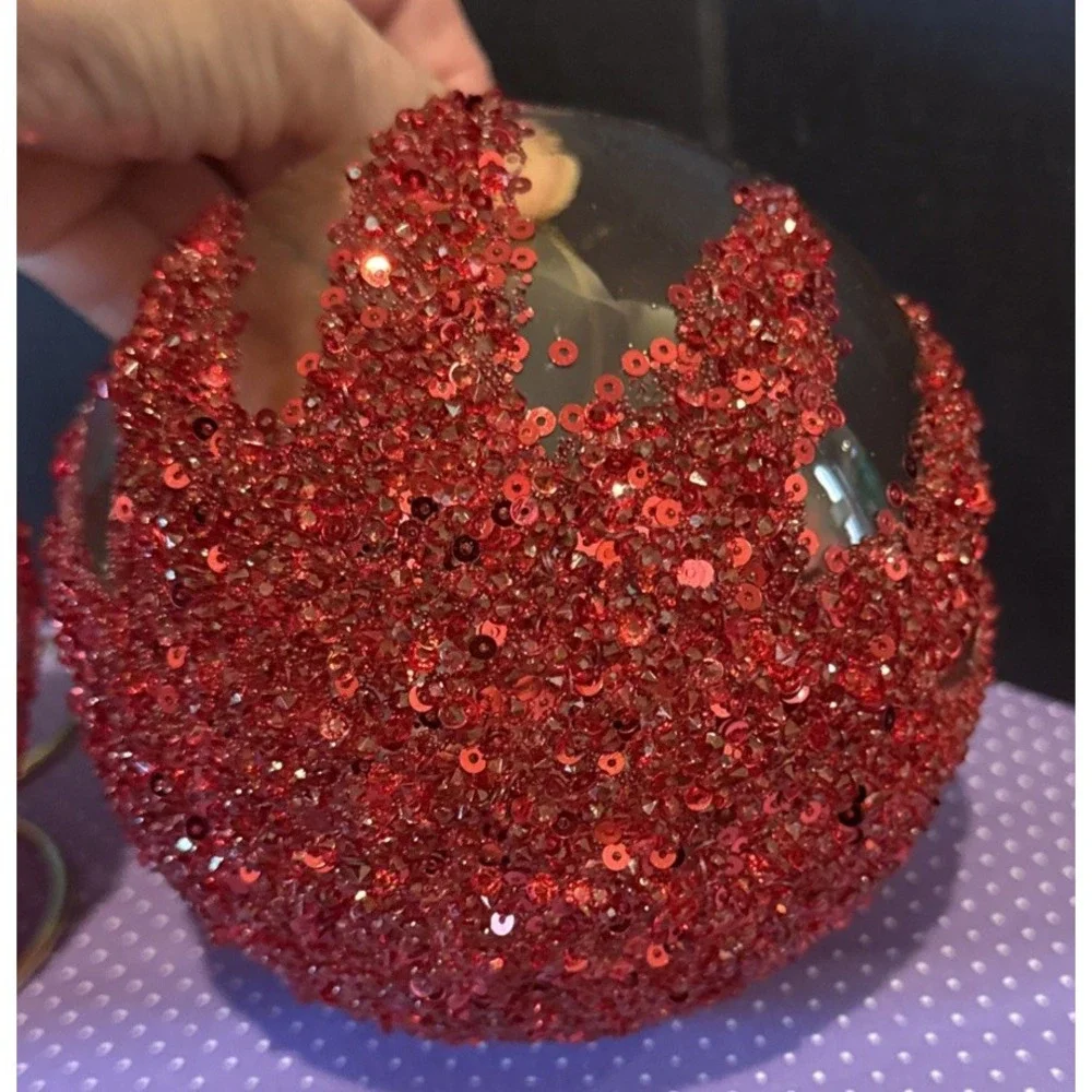 Red Jumbo Embellished Clear Glass Ball Christmas Holiday‎ Tree Ornaments 2